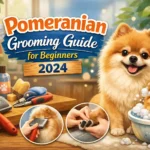 Pomeranian dog grooming at home with a fluffy Pomeranian being brushed beside basic grooming tools