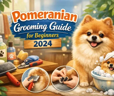 pomeranian grooming at home showing a fluffy pomeranian being brushed with grooming tools nearby