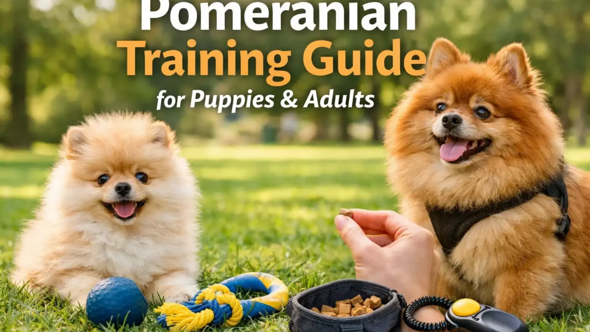 pomeranian training session showing an adult pomeranian learning obedience with treats outdoors