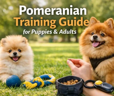 pomeranian training session showing an adult pomeranian learning obedience with treats outdoors
