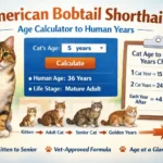 Cat age calculator illustration showing cats at different ages matched to human age equivalents in a clear age chart