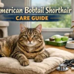 Indoor cat care setup showing a calm adult cat with food and water bowls, a clean litter box, toys, and grooming tools in a home environment