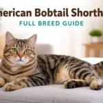 American Bobtail Shorthair adult cat with a short tail, muscular build, and tabby coat sitting indoors in a family home