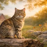 American Bobtail Shorthair cat with a short bobbed tail sitting outdoors, showing the breed’s sturdy build, alert expression, and calm, confident temperament
