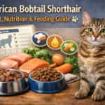 American Bobtail diet guide image showing an adult American Bobtail cat with a short coat sitting beside wet and dry cat food in a home setting