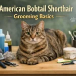 American Bobtail Shorthair cat with a short bobbed tail sitting on a grooming table surrounded by basic cat grooming tools