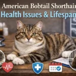 An adult American Bobtail Shorthair cat with a short bobtail and tabby coat sitting on a couch in a bright living room, alert and relaxed, showing signs of good health.