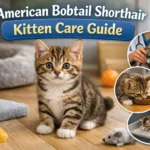 American Bobtail Shorthair kitten sitting indoors with toys and scratching post, showing short coat, bobbed tail, and curious expression in a home care setting