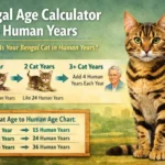 Bengal age calculator to human years showing a Bengal cat beside a simple cat age to human age chart