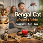 Bengal cat with a spotted coat and athletic build sitting indoors, showing the breed’s wild appearance and alert expression