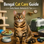 Bengal cat care shown with an active adult Bengal cat indoors, featuring toys, scratching posts, and a clean living space.