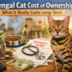Bengal cat cost of ownership illustrated with an adult Bengal cat beside common expenses like food, vet bills, and care supplies