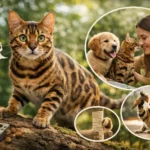 A Bengal cat with a spotted coat climbs on a log outdoors, alert and curious, with bright green eyes focused ahead.