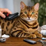 Bengal grooming basics showing an adult Bengal cat with a short, spotted coat being gently brushed indoors