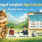 Bengal Longhair cat shown with a visual age chart explaining cat years to human years conversion.