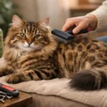 Bengal longhair care showing an adult Bengal longhair cat with a soft, long coat being gently brushed indoors