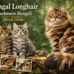 Adult Bengal Longhair cat with a long silky coat, rosetted pattern, muscular body, and plume-like tail sitting alertly outdoors