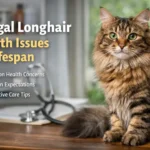 Adult Bengal longhair cat with a flowing coat sitting indoors, showing healthy body structure and alert green eyes, representing bengal longhair health issues and lifespan