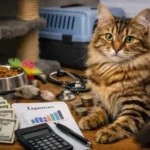 Adult Bengal longhair cat sitting indoors with long spotted coat, green eyes, and pet care items, showing the real cost of ownership.