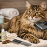 Bengal longhair grooming with a calm adult cat being gently brushed indoors