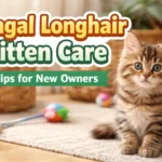 Bengal longhair kitten sitting indoors with fluffy coat, bright eyes, and curious expression