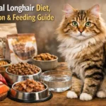 Adult Bengal Longhair cat sitting beside wet and dry cat food bowls as part of a Bengal Longhair diet and feeding guide