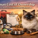 “Birman cat with pet supplies including food, toys, and grooming tools”