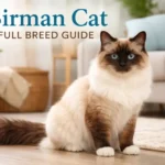 “Birman kitten with blue eyes playing on soft bedding”