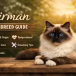 “Birman cat with blue eyes and colorpoint coat sitting indoors”