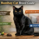 “Bombay cat with sleek black coat and copper eyes”