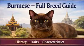 Alt text: Burmese cat full breed guide showing muscular body, short coat, and face shape