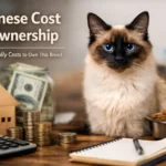 Balinese cat sitting indoors with food bowl and household items representing the balinese cost of ownership and long-term care expenses