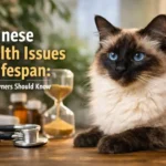 Adult Balinese cat with long silky coat and blue eyes resting indoors, representing Balinese health issues and lifespan awareness.
