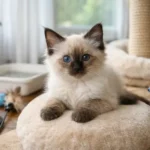 Balinese kitten care shown by a cream-colored Balinese kitten resting indoors with toys and a cozy bed
