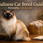 Balinese cat with silky medium-long coat, blue eyes, and slender body indoors