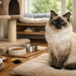 Balinese cat grooming at home with gentle brushing on a long, silky single coat