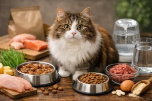 A long-haired Cymric cat sitting on a wooden surface with grooming tools including brushes, combs, and nail clippers around it, looking calm and relaxed.