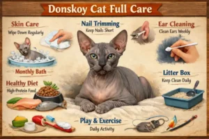 Donskoy cat care guide covering skin care, grooming, and indoor living needs