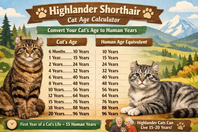 Highlander Shorthair Cat Age Calculator to Human Years Chart