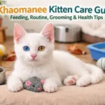 Khaomanee kitten care guide cover image showing a white kitten with blue and gold eyes resting indoors