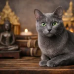 Adult Korat cat breed with a silver-blue short coat and bright green eyes resting indoors