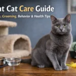 Korat cat care guide showing an adult silver-blue Korat with green eyes sitting indoors near toys and feeding bowls
