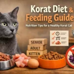 Korat cat diet guide showing a silver-blue Korat with wet and dry food bowls and healthy feeding tips