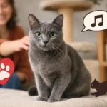 Korat cat personality shown through a calm silver-blue adult cat with green eyes sitting indoors with its owner