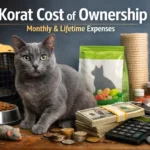 Korat cat sitting with pet supplies and budgeting items showing Korat cost of ownership