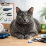 Korat grooming basics with a silver-blue Korat cat sitting beside brushes and nail clippers