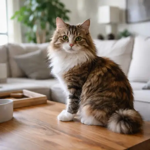 Kurilian Bobtail Longhair kitten sitting indoors, showing fluffy long coat, round eyes, and short bobtail, as part of a kitten care guide
