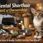 Oriental Shorthair cat sitting indoors with cat supplies, showing the cost of ownership for this active short-haired breed