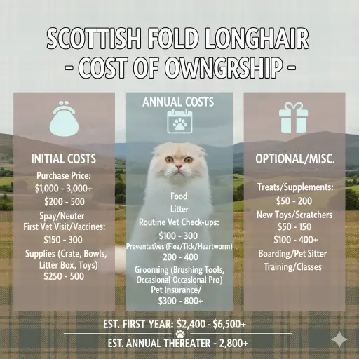 Scottish Fold Longhair cat cost of ownership including food, grooming, and veterinary expenses