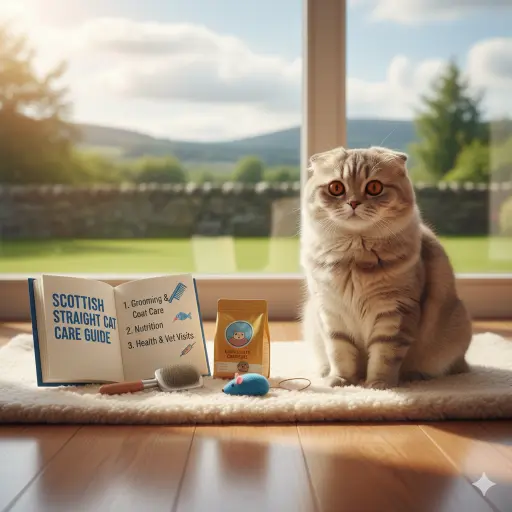 Scottish Straight cat care guide covering daily care, grooming, and indoor living needs